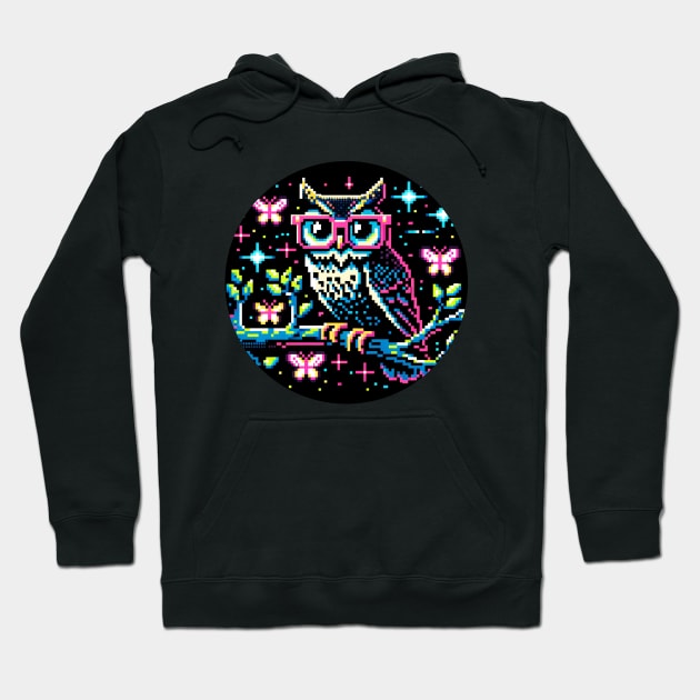 Cyberpunk Owl Art - Neon Nightscape Pixel Illustration Hoodie by Pixel Punkster